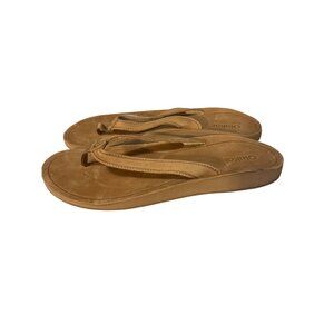 Olukai Leather Womens Sandals Size 9 Tan Flip Flops With Textured Outsole